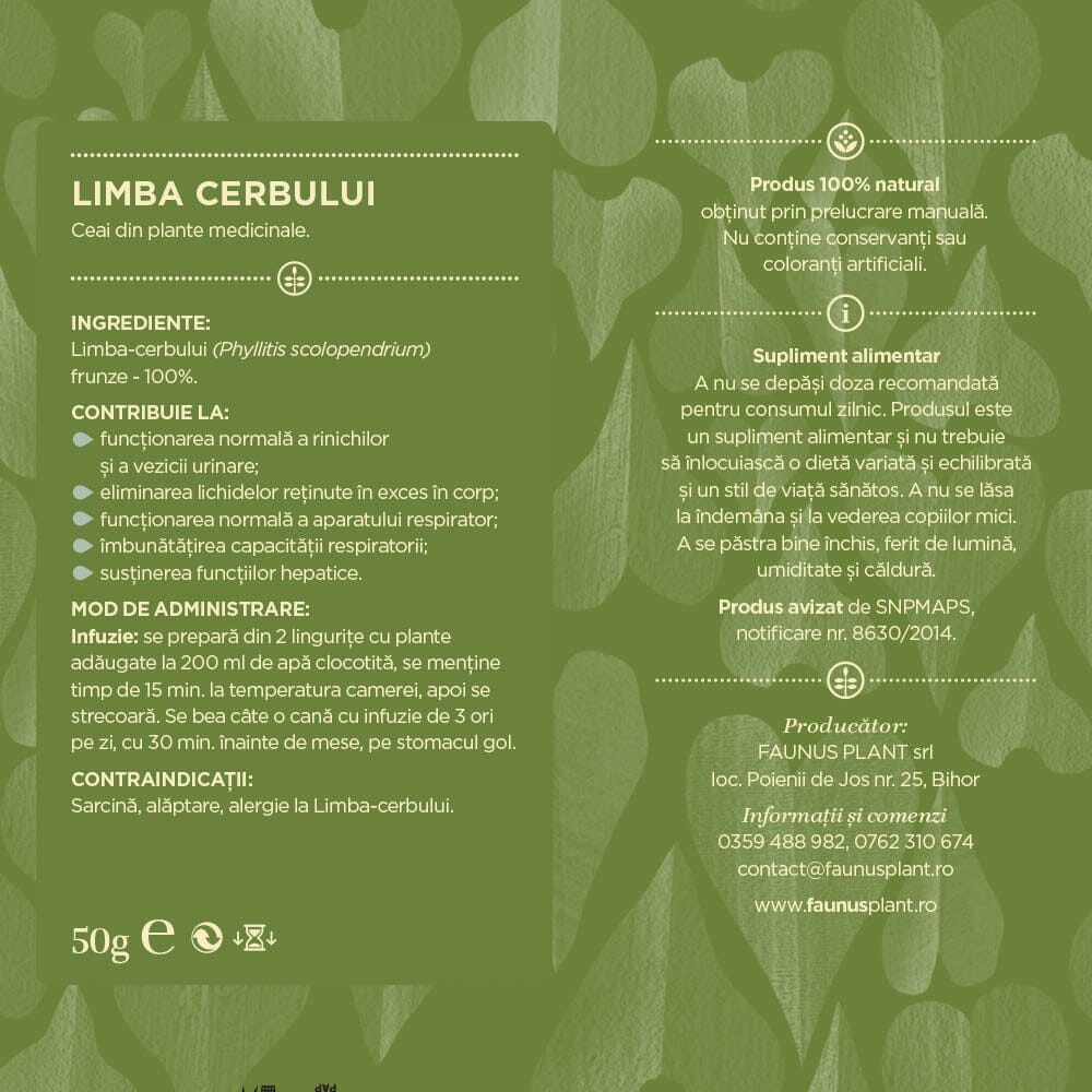 Eticheta desfășurată a Ceaiului Limba Cerbului 50g de la Faunus Plant, cu informații detaliate despre ingrediente, mod de administrare și contraindicații. Ingredient: Limba cerbului (Phyllitis scolopendrium) frunze – 100%.