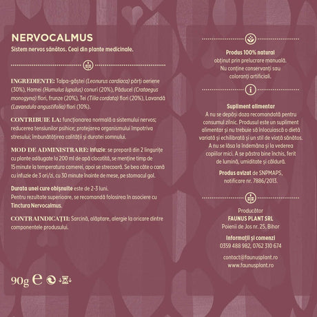 Eticheta desfășurată spate: Etichetă desfășurată pentru Ceaiul Nervocalmus, conținând informații detaliate despre ingrediente, modul de utilizare, beneficii și certificare TÜV Austria.