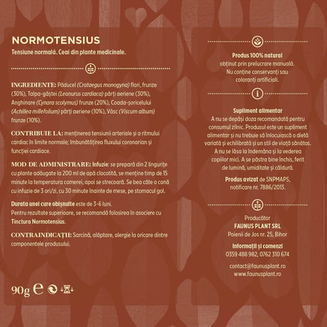 Eticheta desfășurată a cutiei de ceai "Normotensius", care prezintă informații detaliate despre ingrediente, modul de administrare și beneficiile produsului pentru sănătatea cardiovasculară. Conține doar ingrediente naturale, fără conservanți sau coloranți artificiali.