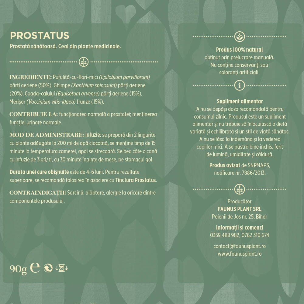 Eticheta desfășurată spate. Eticheta completă de pe partea din spate a cutiei Ceaiului Prostatus, conținând informații detaliate despre produs, lista completă de ingrediente, indicații de administrare și avertizări privind contraindicațiile.