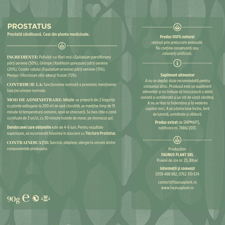Eticheta desfășurată spate. Eticheta completă de pe partea din spate a cutiei Ceaiului Prostatus, conținând informații detaliate despre produs, lista completă de ingrediente, indicații de administrare și avertizări privind contraindicațiile.