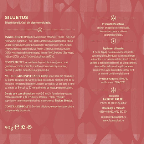 Eticheta completă desfășurată a ceaiului Siluetus 90g, cu informații despre ingrediente (inclusiv procentaje), mod de administrare și contraindicații. Include mențiunea „Produs natural obținut prin prelucrare manuală”.