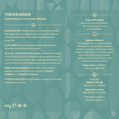 Eticheta desfășurată a Ceaiului Tiroidianus 90g de la Faunus Plant, afișând compoziția ingredientelor, instrucțiunile de utilizare, contraindicațiile și certificările produsului.