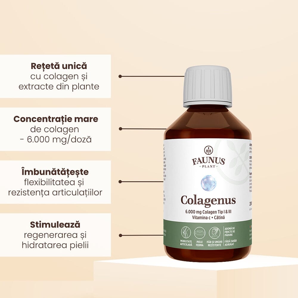 Colagenus - Colagen lichid hidrolizat. Flacon 250ml. Susține sănătatea articulațiilor, pielii, părului și unghiilor Supliment alimentar Faunus Plant 