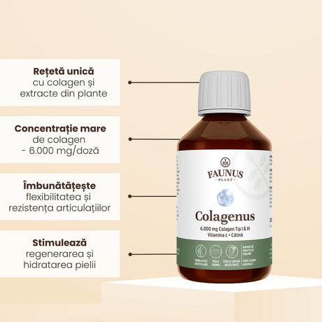 Colagenus - Colagen lichid hidrolizat. Flacon 250ml. Susține sănătatea articulațiilor, pielii, părului și unghiilor Supliment alimentar Faunus Plant 