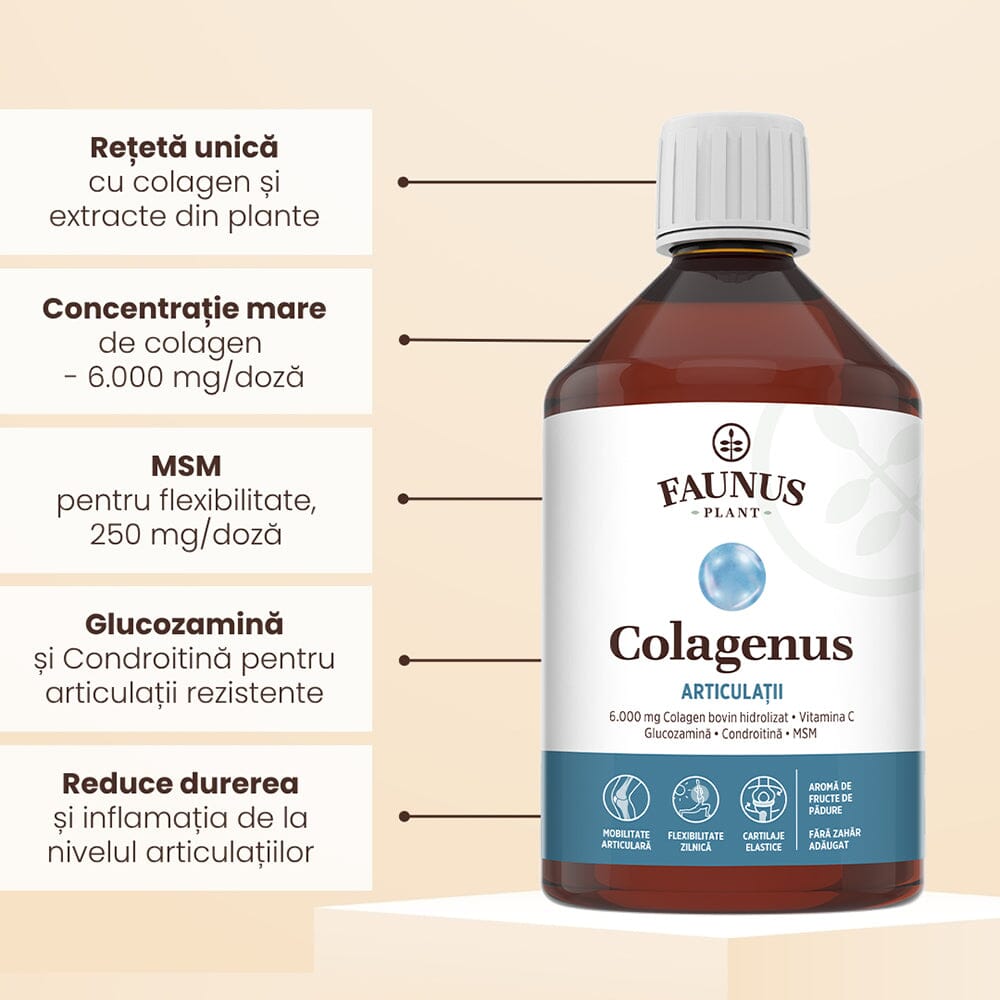 Colagenus Articulații - Colagen lichid. Flacon 500ml. Susține sănătatea articulațiilor, mușchilor și ligamentelor. Reduce durerile reumatice Supliment alimentar Faunus Plant 