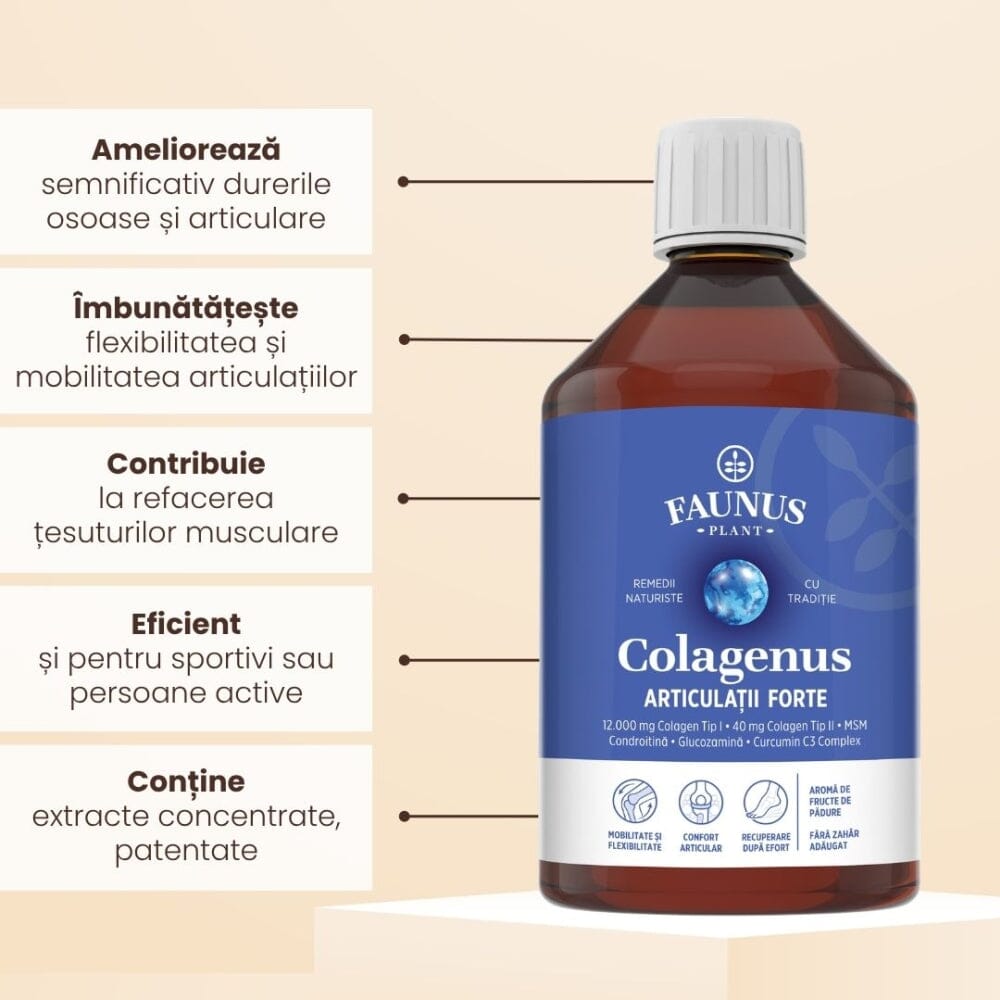Colagenus Articulații Forte - Colagen lichid concentrat, 12.000mg colagen tip 1 și 40mg colagen tip 2. Flacon 500ml. Susține sănătatea articulațiilor, reducerea inflamațiilor și durerii reumatice, refacerea mușchilor și ligamentelor Supliment alimentar Faunus Plant 