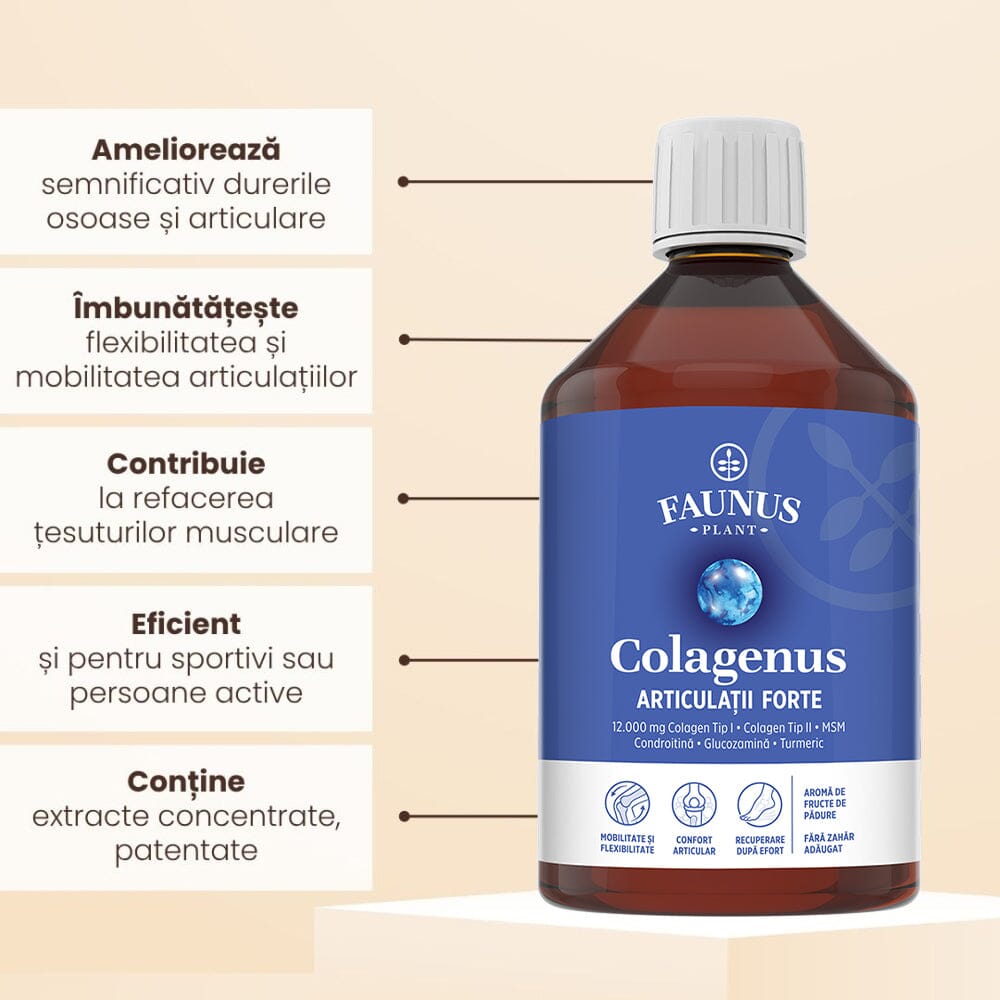 Colagenus Articulații Forte - Colagen lichid concentrat, 12.000mg colagen tip 1 și 40mg colagen tip 2. Flacon 500ml. Susține sănătatea articulațiilor, reducerea inflamațiilor și durerii reumatice, refacerea mușchilor și ligamentelor Supliment alimentar Faunus Plant 