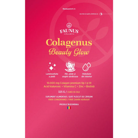 Colagenus Beauty Glow – Colagen hidrolizat pudră tip 1 și 3. Concentrație mare 10.000mg pentru piele hidratată și luminoasă, păr și unghii puternice. Pudră 325g Supliment alimentar Faunus Plant 