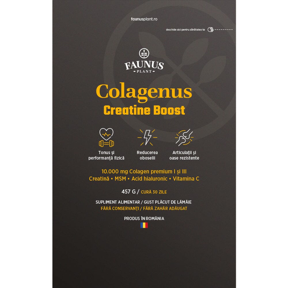 Colagenus Creatine Boost 457 g de la Faunus Plant, având alături scrise principalele beneficii, unul sub altul.