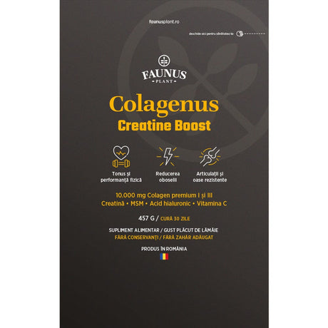 Colagenus Creatine Boost 457 g de la Faunus Plant, având alături scrise principalele beneficii, unul sub altul.