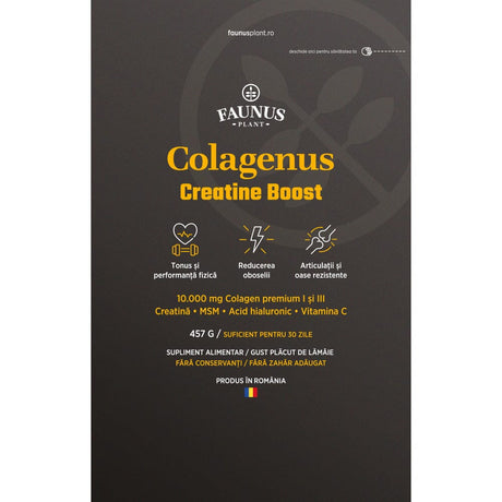 Colagenus Creatine Boost – Colagen pudră cu acid hialuronic și creatină. Colagen tip 1 și 3 pentru masa musculară, articulații sănătoase și piele hidratată. Pudră 457g Supliment alimentar Faunus Plant 