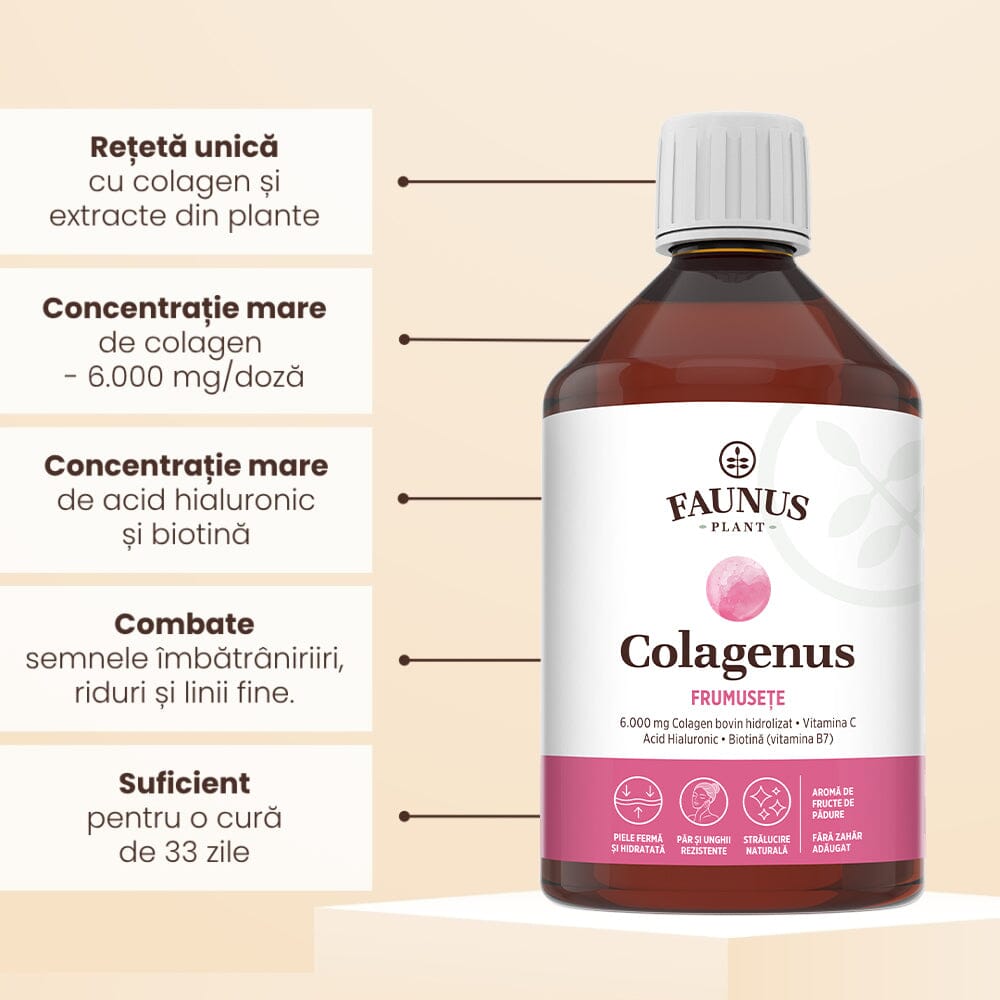 Colagenus Frumusețe - Colagen lichid hidrolizat cu acid hialuronic și biotină. Flacon 500ml. Susține sănătatea și frumusețea pielii, unghiilor și părului. Reduce ridurile și căderea părului. Întărește unghiile Supliment alimentar Faunus Plant 