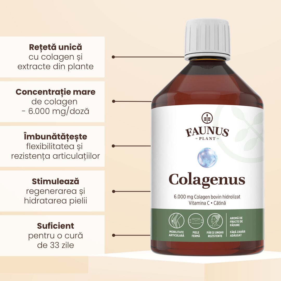 Colagenus - Colagen lichid hidrolizat. Flacon 500ml. Susține sănătatea articulațiilor, pielii, părului și unghiilor Supliment alimentar Faunus Plant 