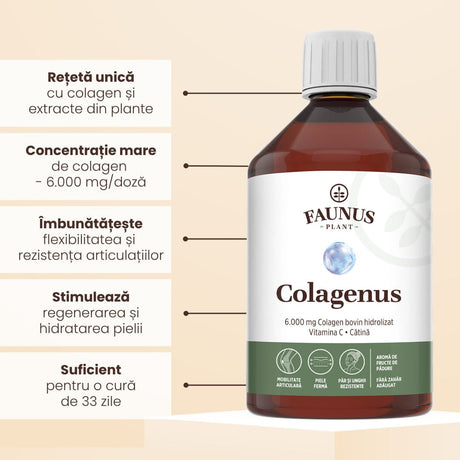 Colagenus - Colagen lichid hidrolizat. Flacon 500ml. Susține sănătatea articulațiilor, pielii, părului și unghiilor Supliment alimentar Faunus Plant 