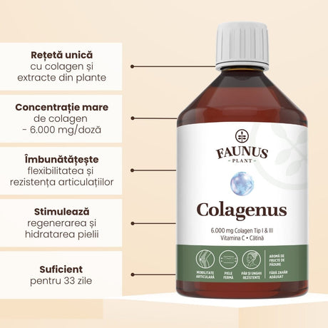 Colagenus - Colagen lichid hidrolizat. Flacon 500ml. Susține sănătatea articulațiilor, pielii, părului și unghiilor Supliment alimentar Faunus Plant 