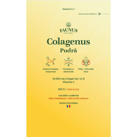 Etichetă desfășurată față de Colagenus pudră 303g de la Faunus Plant,a vând vizibile logo, beneficii-cheie, concentrație și ingrediente principale, gramaj, produs în România.