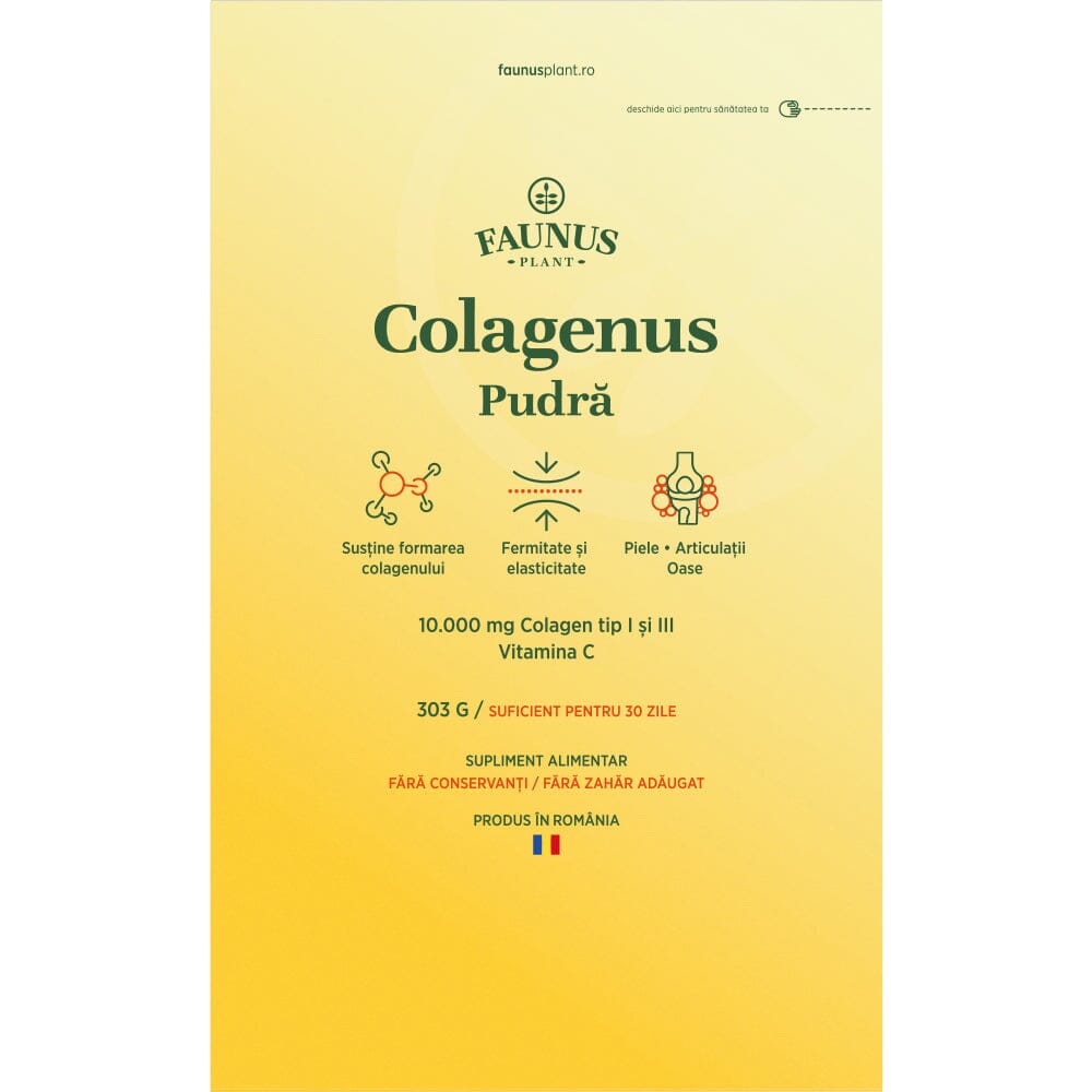 Colagenus Pudră - Colagen hidrolizat concentrat. 10.000 mg tip 1 și tip 3 cu vitamina C. Susține sănătatea articulațiilor, pielii și oaselor. Pudră 303g Supliment alimentar Faunus Plant 
