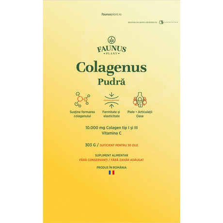 Colagenus Pudră - Colagen hidrolizat concentrat. 10.000 mg tip 1 și tip 3 cu vitamina C. Susține sănătatea articulațiilor, pielii și oaselor. Pudră 303g Supliment alimentar Faunus Plant 