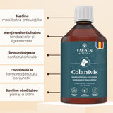 Flacon Colanivis de la Faunus Pets având alături listate beneficiile principale, unul sub altul.