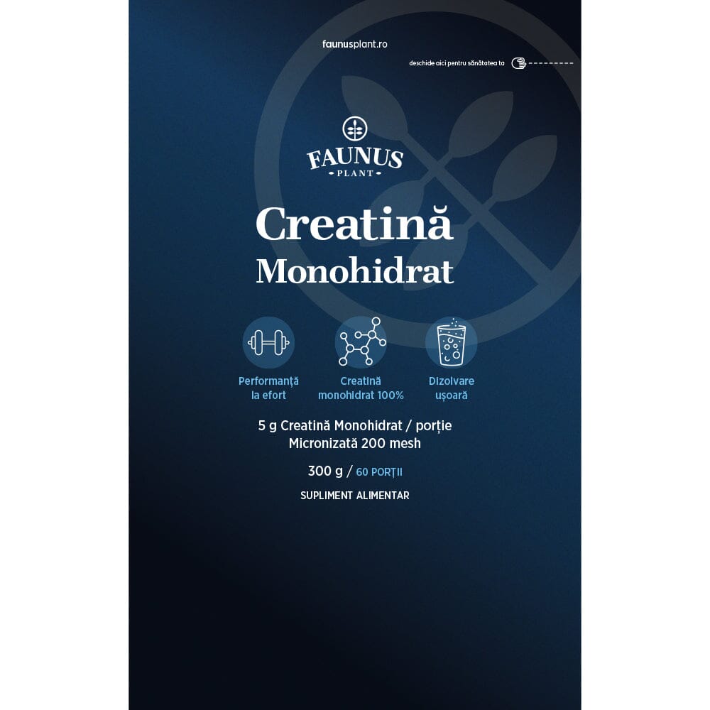 Creatină Monohidrat – Creatină pudră micronizată 200 mesh pentru performanță fizică și forță musculară. Pudră 300g Supliment alimentar Faunus Plant 