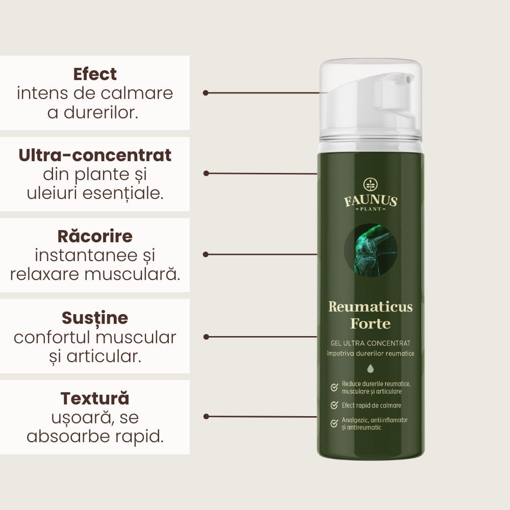 Flacon Gel Reumaticus Forte de la Faunus Plant din față cu listă de beneficii precum efect de calmare, ultra-concentrat, răcorire instantanee, susținere confort muscular și articular, textură ușoară.