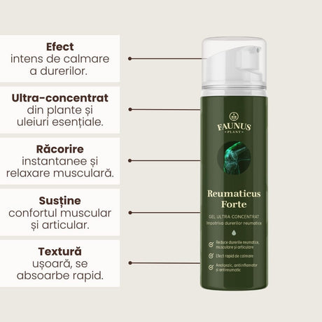 Flacon Gel Reumaticus Forte de la Faunus Plant din față cu listă de beneficii precum efect de calmare, ultra-concentrat, răcorire instantanee, susținere confort muscular și articular, textură ușoară.