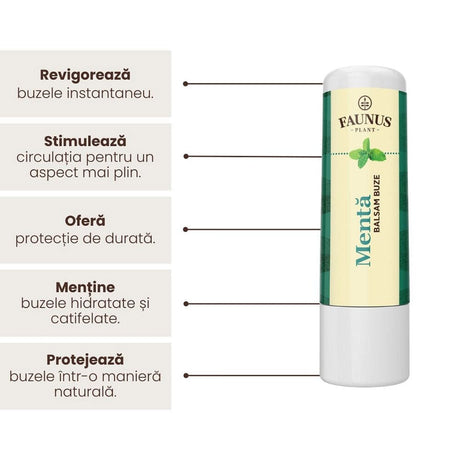 Balsam de Buze Mentă de la Faunus Plant, alături de o listă de beneficii precum revitalizarea buzelor, menținerea hidratării și catifelării, prevenirea uscării, oferirea unui luciu discret și protejarea buzelor într-un mod natural.