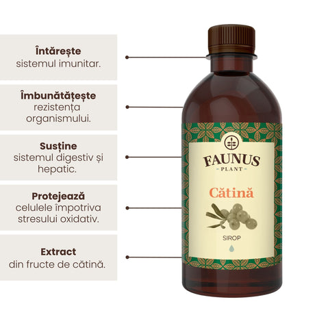 Sirop de Cătină de la Faunus Plant de 500 ml, alături de o listă de beneficii precum întărirea sistemului imunitar, îmbunătățirea rezistenței organismului, susținerea sistemului digestiv și hepatic, protejarea celulelor împotriva stresului oxidativ, precum și faptul că suplimentul are extract din fructe de cătină. | Cantitate - 500ml