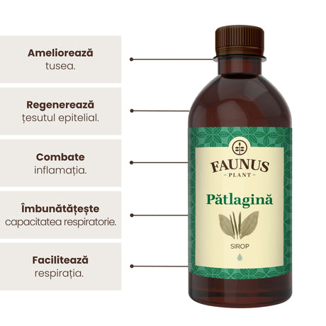 Sirop de Pătlagină 500ml de la Faunus Plant, alături de o listă de beneficii precum ameliorarea tusei, regenerarea țesutului epitelial, combaterea inflamației,îmbunătățirea capacității respiratorii, și nu în ultimul rând facilitarea respirației. | Cantitate - 500ml