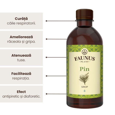 Sirop de Pin de la Faunus Plant de 500 ml, alături de o listă de beneficii precum curățarea căilor respiratorii, ameliorarea răcelii și a gripei, ameliorarea tusei, facilitarea respirației și efect antiseptic. | Cantitate - 500ml