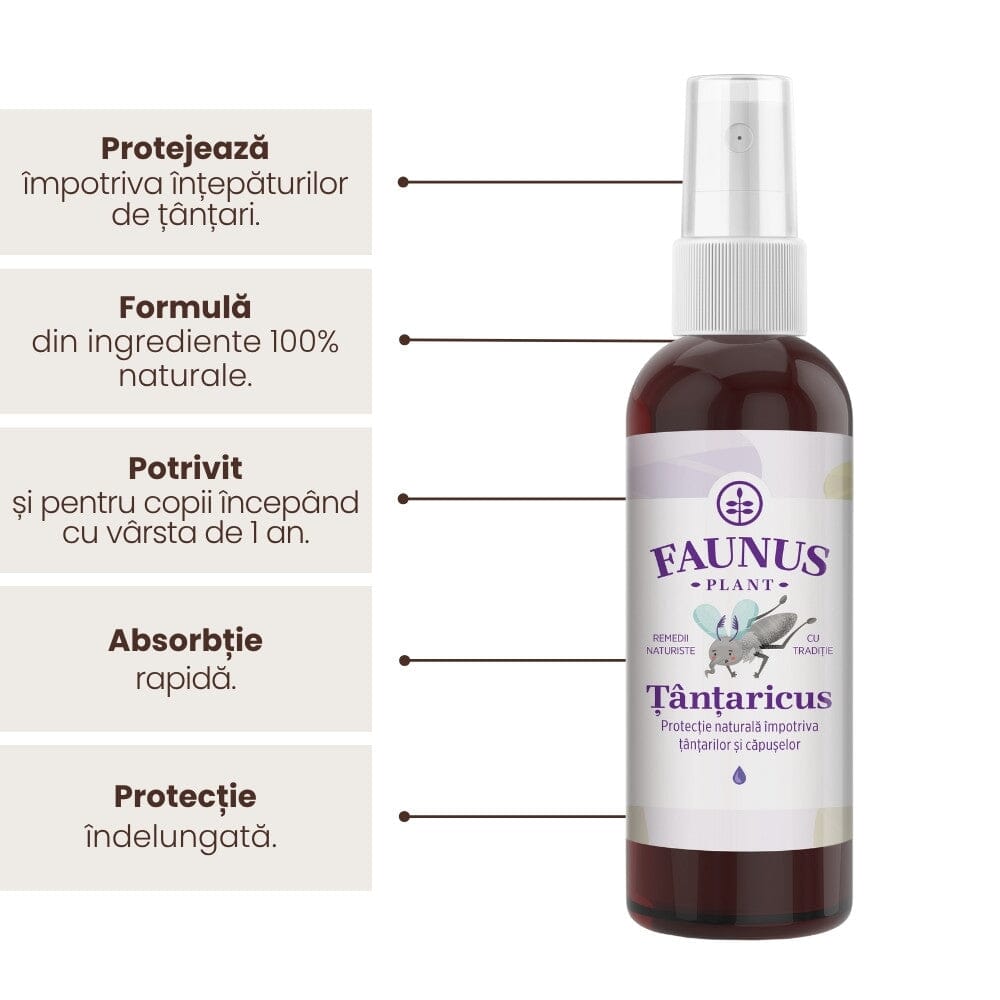 Țânțaricus - Loțiune. Flacon 100ml. Extract din ingrediente naturale pentru protejarea pielii de țânțari și căpușe Lotiune Faunus Plant 