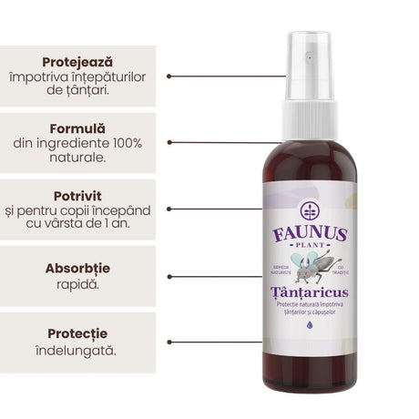 Țânțaricus - Loțiune. Flacon 100ml. Extract din ingrediente naturale pentru protejarea pielii de țânțari și căpușe Lotiune Faunus Plant 