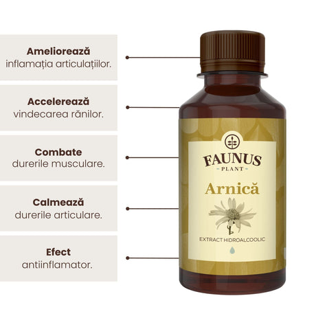 Beneficii principale ale Tincturii de Arnică 200 ml de la Faunus Plant precum: ameliorarea inflamației articulațiilor, accelerarea vindecării rănilor, combaterea durerilor musculare, calmarea durerilor articulare și efect antiinflamator.