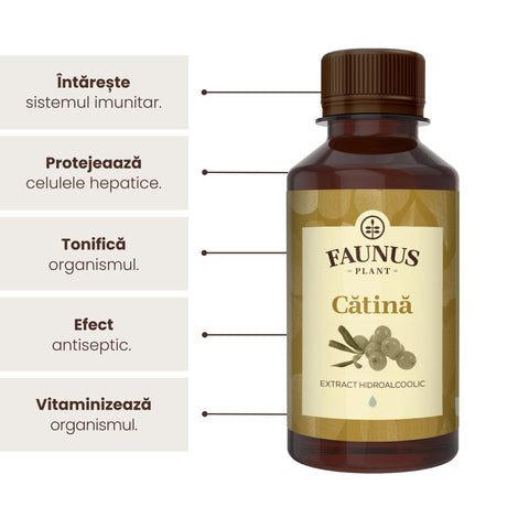 Beneficii principale Tinctură Cătină 200 ml de la Faunus Plant precum: întărirea sistemului imunitar, protejarea celulelor hepatice, tonifierea organsimului, efect antiseptic, vitaminizarea organismului. | Cantitate - 200ml