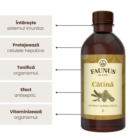 Beneficii principale Tinctură Cătină 500 ml de la Faunus Plant precum: întărirea sistemului imunitar, protejarea celulelor hepatice, tonifierea organsimului, efect antiseptic, vitaminizarea organismului. | Cantitate - 500ml