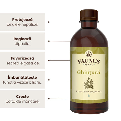Beneficii principale Tinctură Ghințura 500 ml de la Faunus Plant precum: protejarea celulelor hepatice, protejarea digestiei, favorizarea secreției gastrice și creșterea poftei de mâncare | Cantitate - 500ml