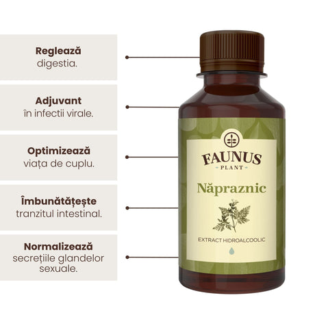 Beneficii principale Tinctură Năpraznic 200 ml de la Faunus Plant precum: reglarea digestiei, adjuvant în infecțiile vitale, menținerea sănătoasă a vieții intime, îmbunătățirea tranzitului intestinal și normalizarea secrețiilor glandelor. | Cantitate - 200ml