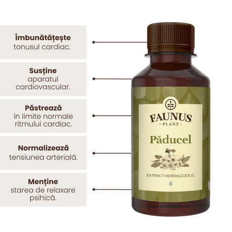 Beneficii principale Tinctură Păducel 200 ml de la Faunus Plant precum: îmbunătățirea tonului cardiac, susținerea aparatului cardiovascular, menținerea optimă a ritmului cardiac, normalizarea tensiunii arteriale, menținerea stării de relaxare psihică. | Cantitate - 200ml