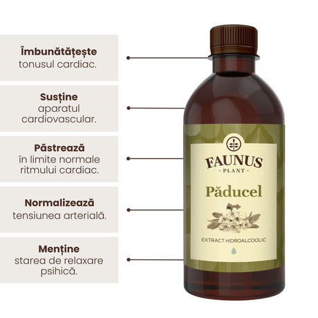 Beneficii principale Tinctură Păducel 500 ml de la Faunus Plant precum: îmbunătățirea tonului cardiac, susținerea aparatului cardiovascular, menținerea optimă a ritmului cardiac, normalizarea tensiunii arteriale, menținerea stării de relaxare psihică. | Cantitate - 500ml