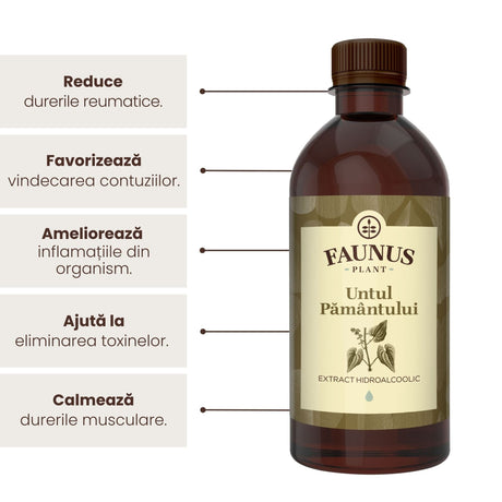Flacon de tinctură Untul Pământului 500ml de la Faunus Plant, alături de reprezentare grafică a beneficiilor precum: reducerea durerilor reumatice, favorizarea vindecărilor contuzilor, ameliorarea inflamațiilor din organism, facilitează eliminarea bacteriilor și calmează durerile musculare.