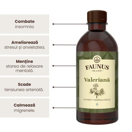 Flacon de tinctură Tinctură Valeriană 500ml de la Faunus Plant, alături de reprezentare grafică a beneficiilor precum: combaterea insomniei, ameliorarea stresului și a anxietății, menținerea stării de relaxare, scaderea tensiunii arteriale și calmarea migrenelor. | Cantitate - 500ml