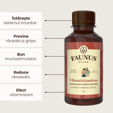Flacon de tinctură Tinctură Vitaminizantus 200ml de la Faunus Plant, alături de reprezentare grafică a beneficiilor precum: întărirea sistemului imunitar, prevenirea răcelii și a gripei, proprietăți imunostimulatoare, reducerea oboselii și are efect vitaminizant.
