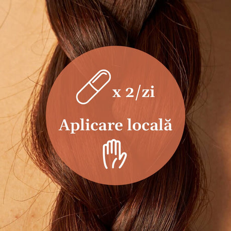 Element grafic circular afișat pe mijloc cu o ilustrație ce indică administrarea a două capsule pe zi și aplicarea locală a loțiunii pe scalp și pe păr, având ca imagine de fundal o coadă de păr împletită.