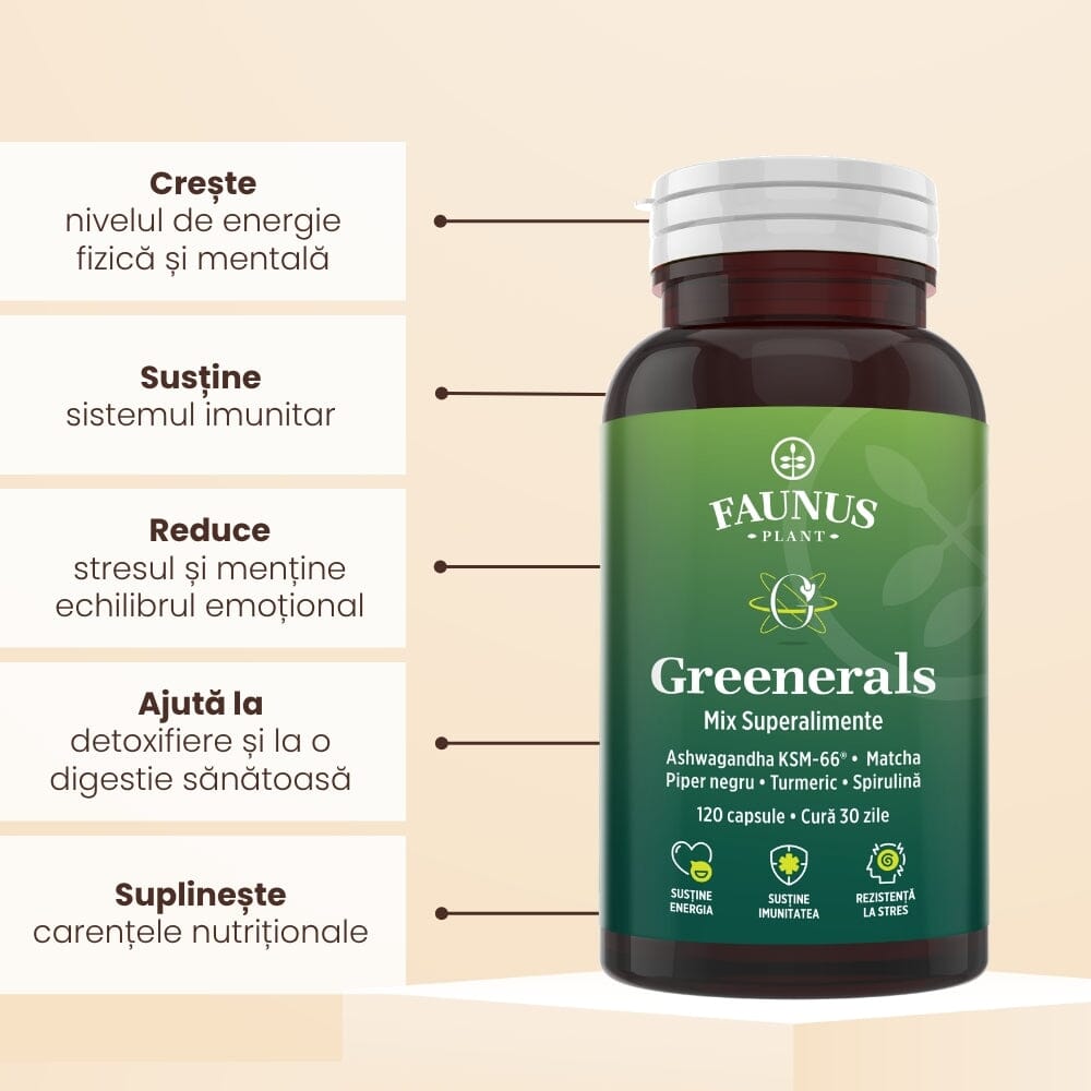 Greenerals Capsule – Antioxidanți și nutrienți din plante verzi pentru energie, vitalitate, liniște mentală și echilibru. Flacon 120 capsule Superalimente Faunus Plant 