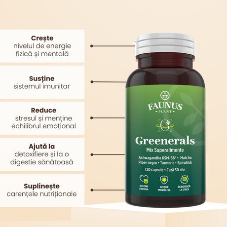 Greenerals Capsule – Antioxidanți și nutrienți din plante verzi pentru energie, vitalitate, liniște mentală și echilibru. Flacon 120 capsule Superalimente Faunus Plant 