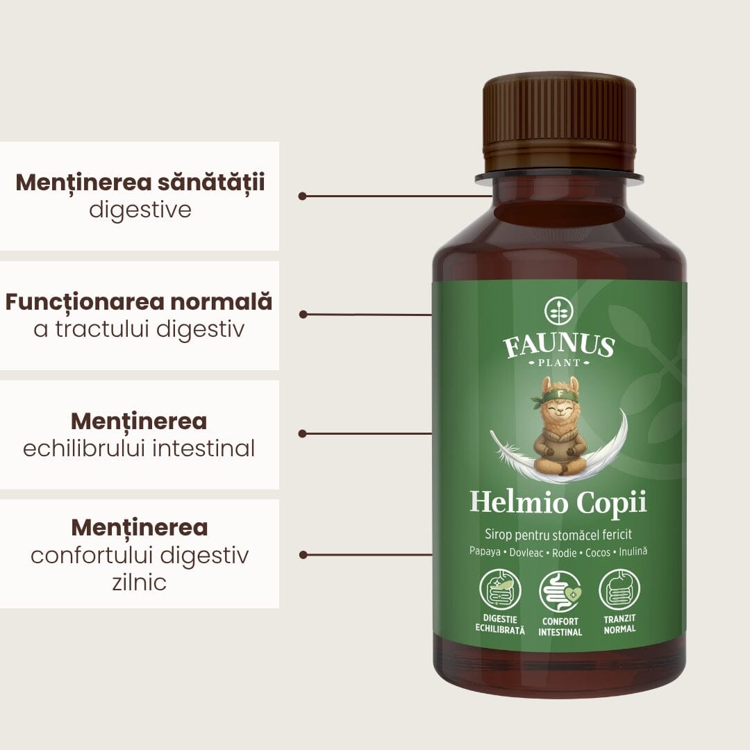 Helmio Copii – Sirop blând din plante medicinale și prebiotic pentru digestie și echilibru intestinal. Flacon 200 ml Sirop Faunus Plant 