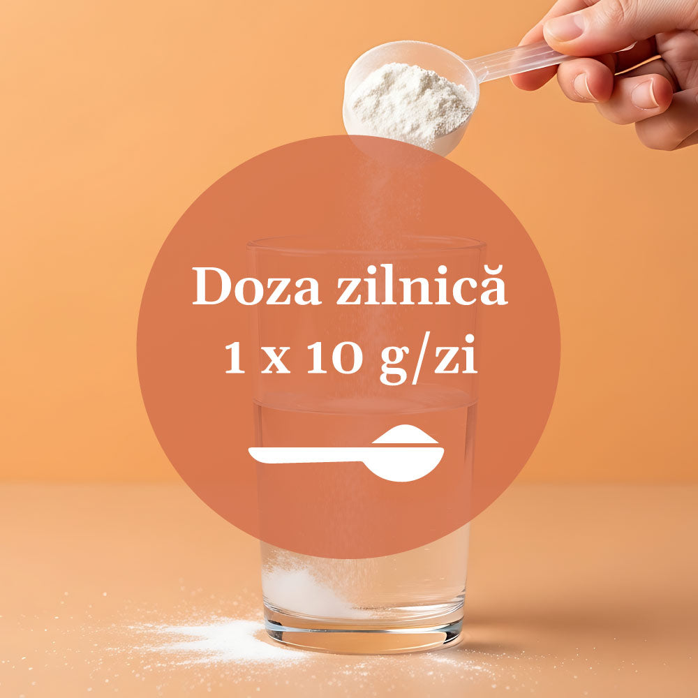 Medalion cu doza zilnică de 1 x 10 g / zi de Hidralio de la Faunus Plant, având pe fundal o imagine cu o mână cu lingurița dozatoare de pudră Hidralio, pe care o toarnă într-un pahar cu apă, pe fundal oranj deschis