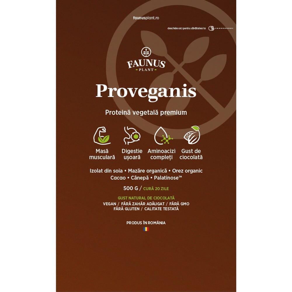 Proveganis - Proteină vegetală cu aromă de ciocolată. Amestec natural pentru energie și susținerea masei musculare. Pudră 500 g Superalimente Faunus Plant 