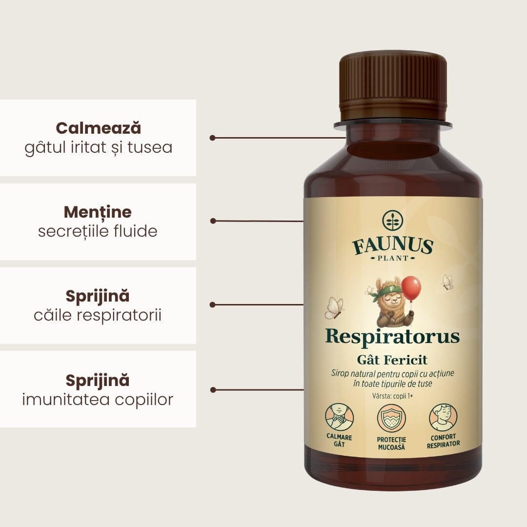 Respiratorus Gât Fericit – Sirop pentru copii. Susține confortul gâtului și căilor respiratorii. Flacon 200ml Sirop cu miere Faunus Plant 